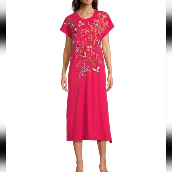 JOHNY WAS cotton t-shirt embroidered midi dress - Picture 2 of 7